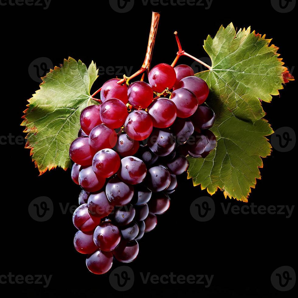 AI generated a bunch of fresh ripe juicy organic red grapes with green leaves isolated on white background photo