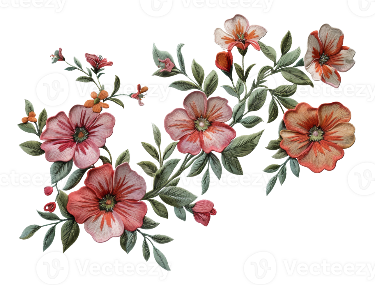 AI generated Exquisite botanical embroidery art with colorful flowers on transparent background - stock png. png
