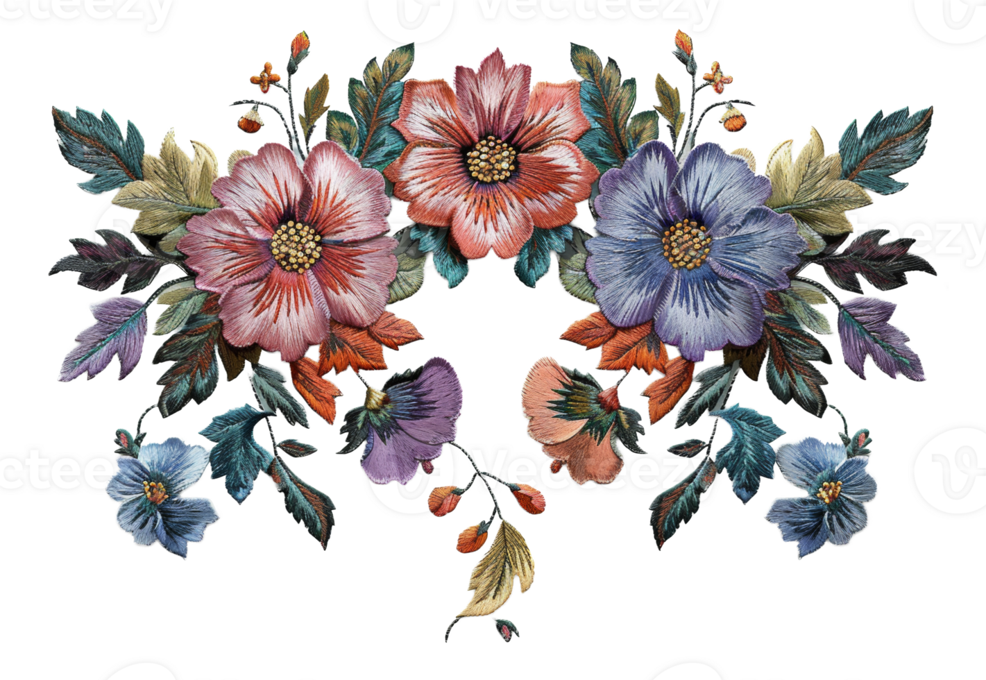 ai généré exquis botanique broderie art avec coloré fleurs sur transparent Contexte - Stock png. png