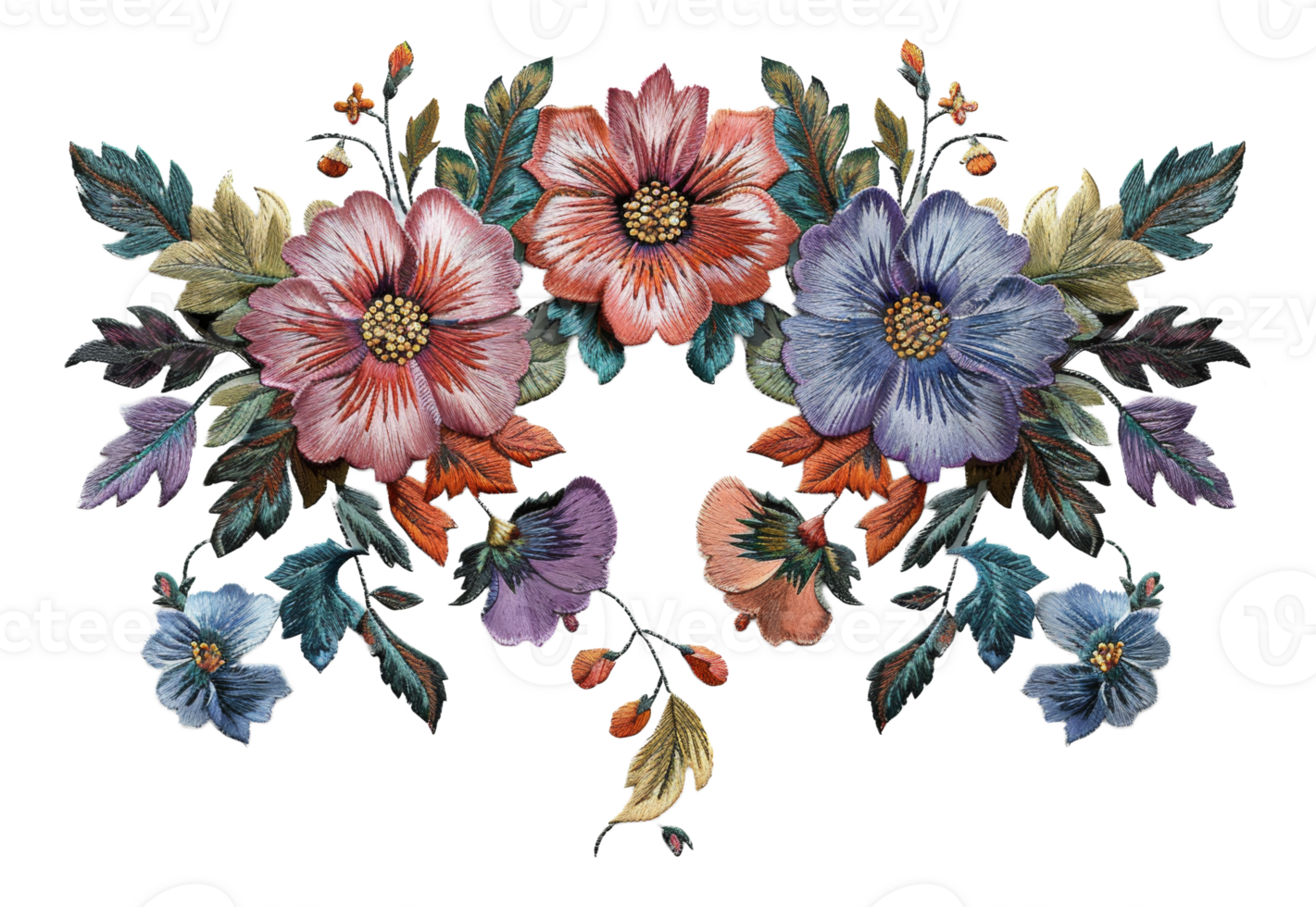 AI generated Exquisite botanical embroidery art with colorful flowers on transparent background - stock png. png