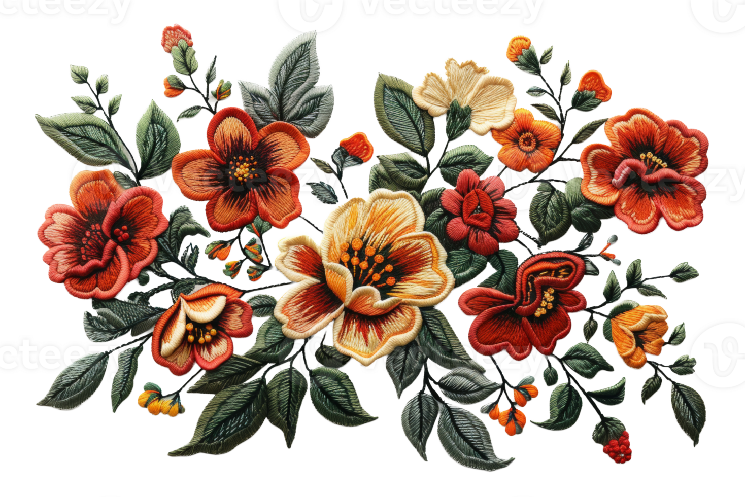 AI generated Exquisite botanical embroidery art with colorful flowers on transparent background - stock png. png