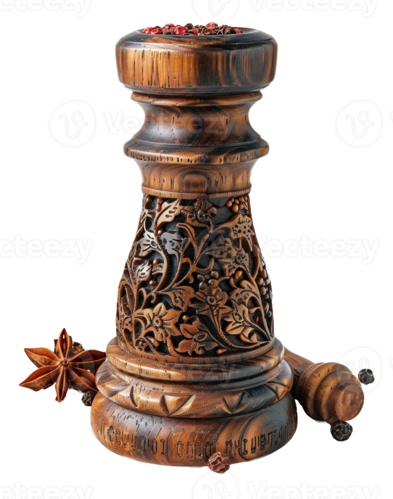 AI generated Ornate carved wooden pepper mill with red peppercorns on transparent background - stock png. png