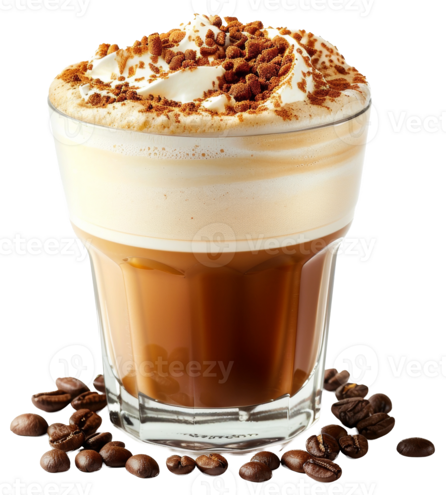 AI generated Layered cappuccino with coffee beans and cocoa on transparent background - stock png. png