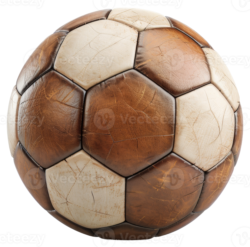AI generated Vintage brown leather soccer ball on transparent background - stock png. png