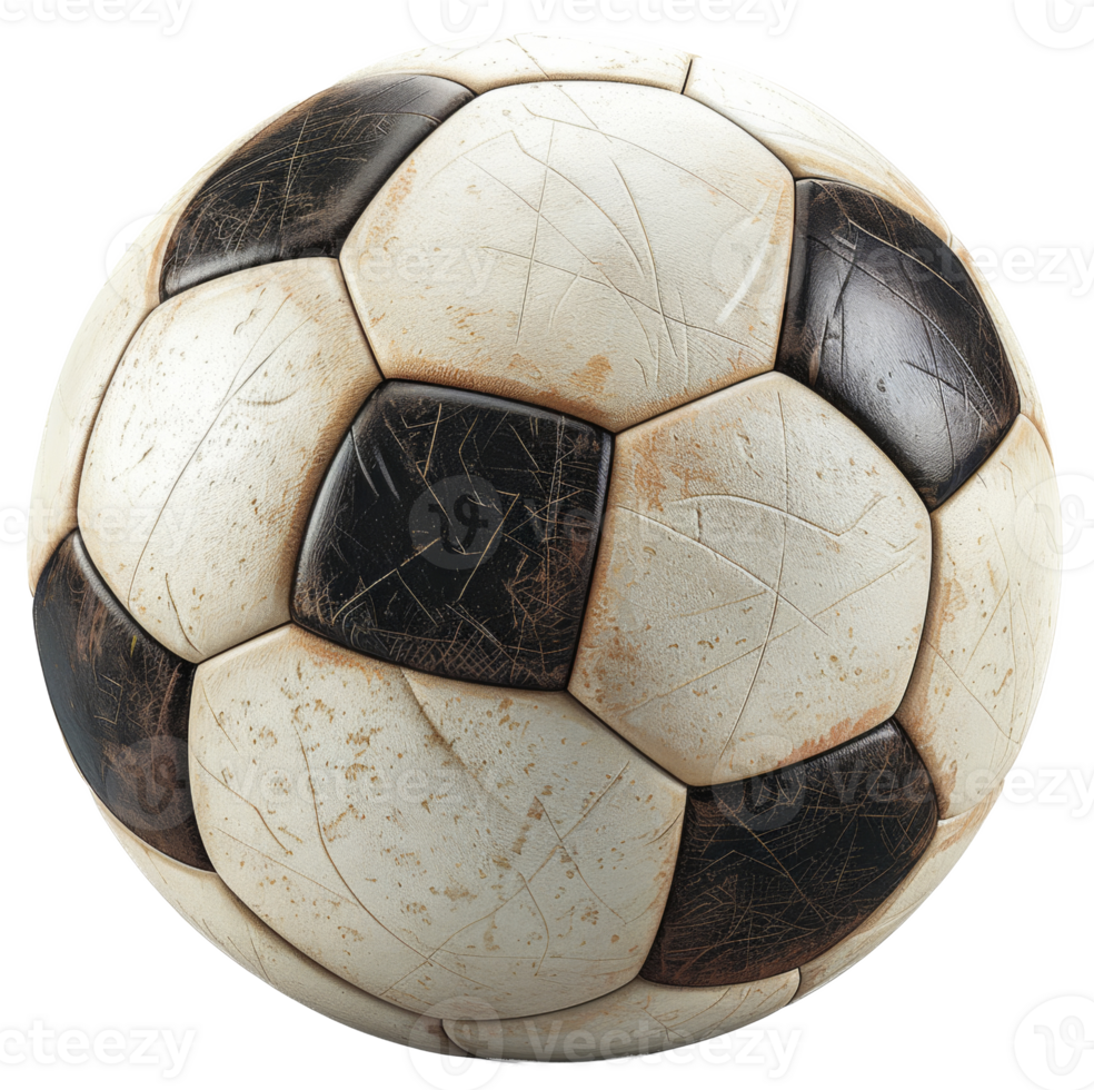 AI generated Worn white and black soccer ball on transparent background - stock png. png