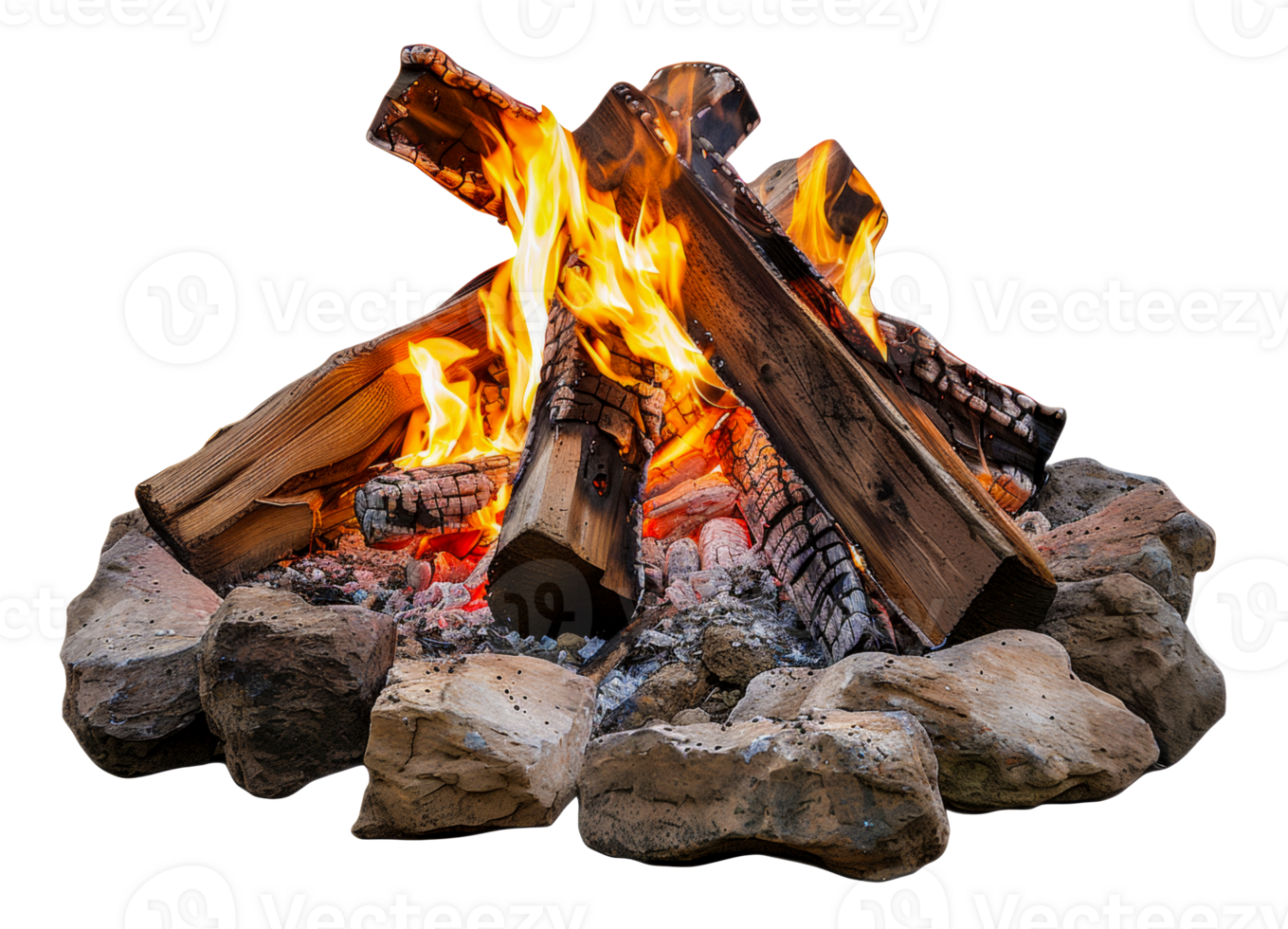 AI generated Burning firewood pile with bright flames and smoke on transparent background - stock png. png