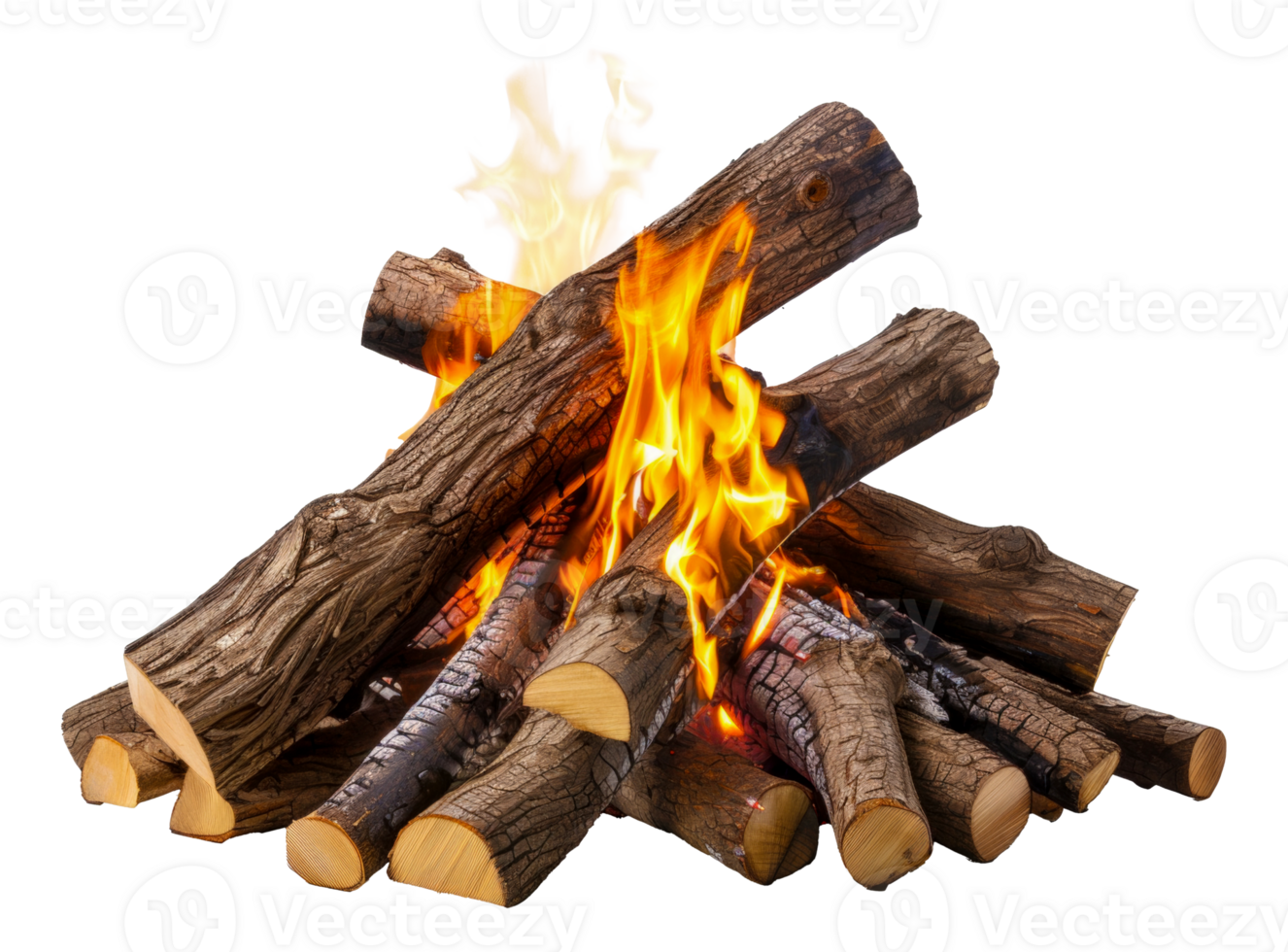 AI generated Burning firewood pile with bright flames and smoke on transparent background - stock png. png