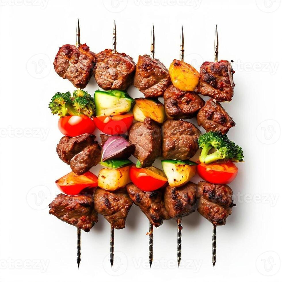 AI generated meat skewer with vegetables isolated on white background photo