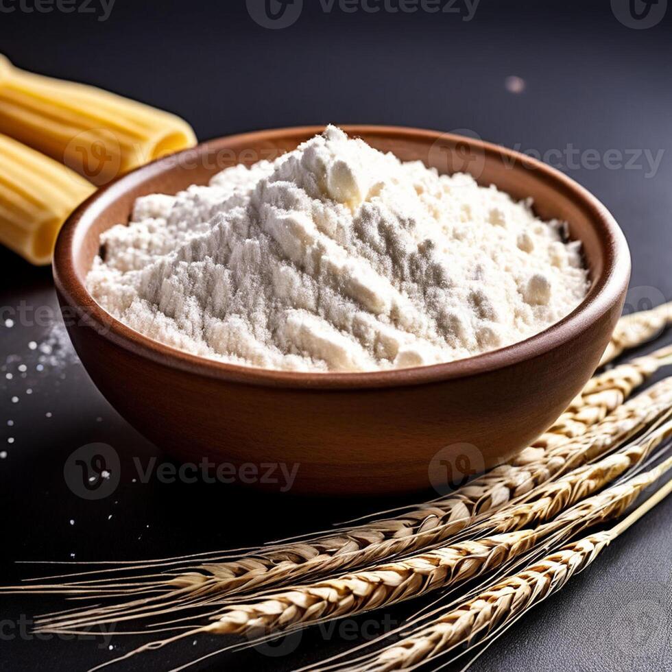 AI generated whole grain wheat flour in bowl isolated on white background photo