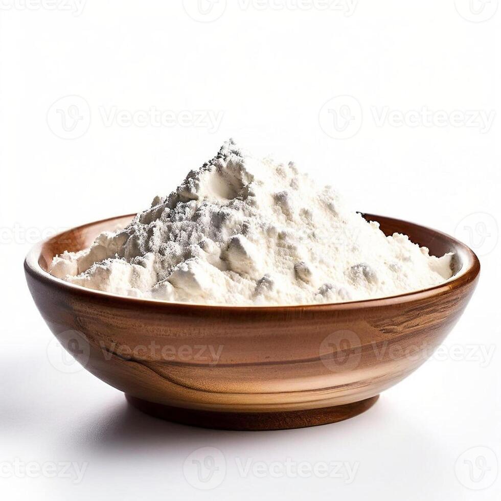 AI generated whole grain wheat flour in bowl isolated on white background photo
