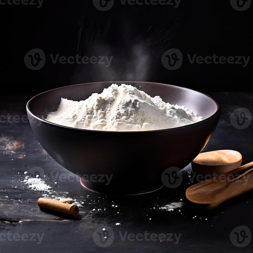 AI generated whole grain wheat flour in bowl isolated on darks background photo