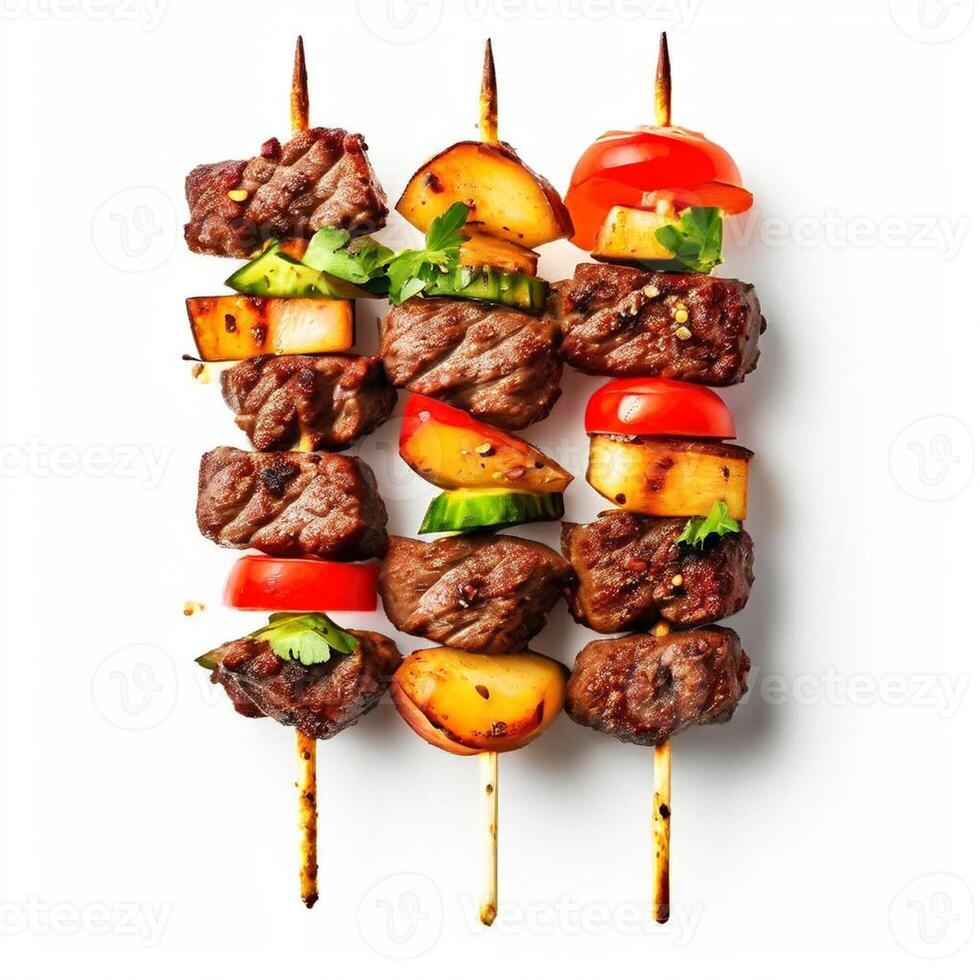 AI generated meat skewer with vegetables isolated on white background photo