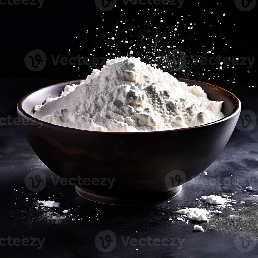 AI generated whole grain wheat flour in bowl isolated on darks background photo