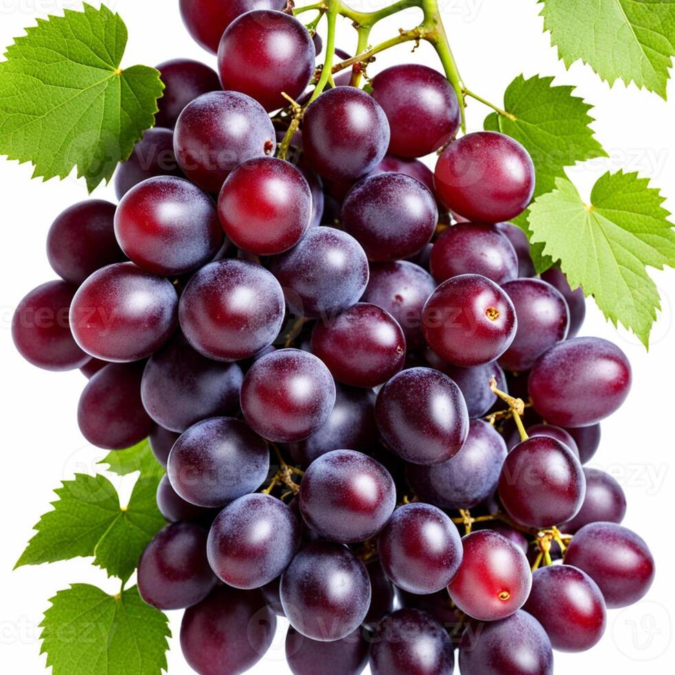 AI generated a bunch of fresh ripe juicy organic red grapes with green leaves isolated on white background photo