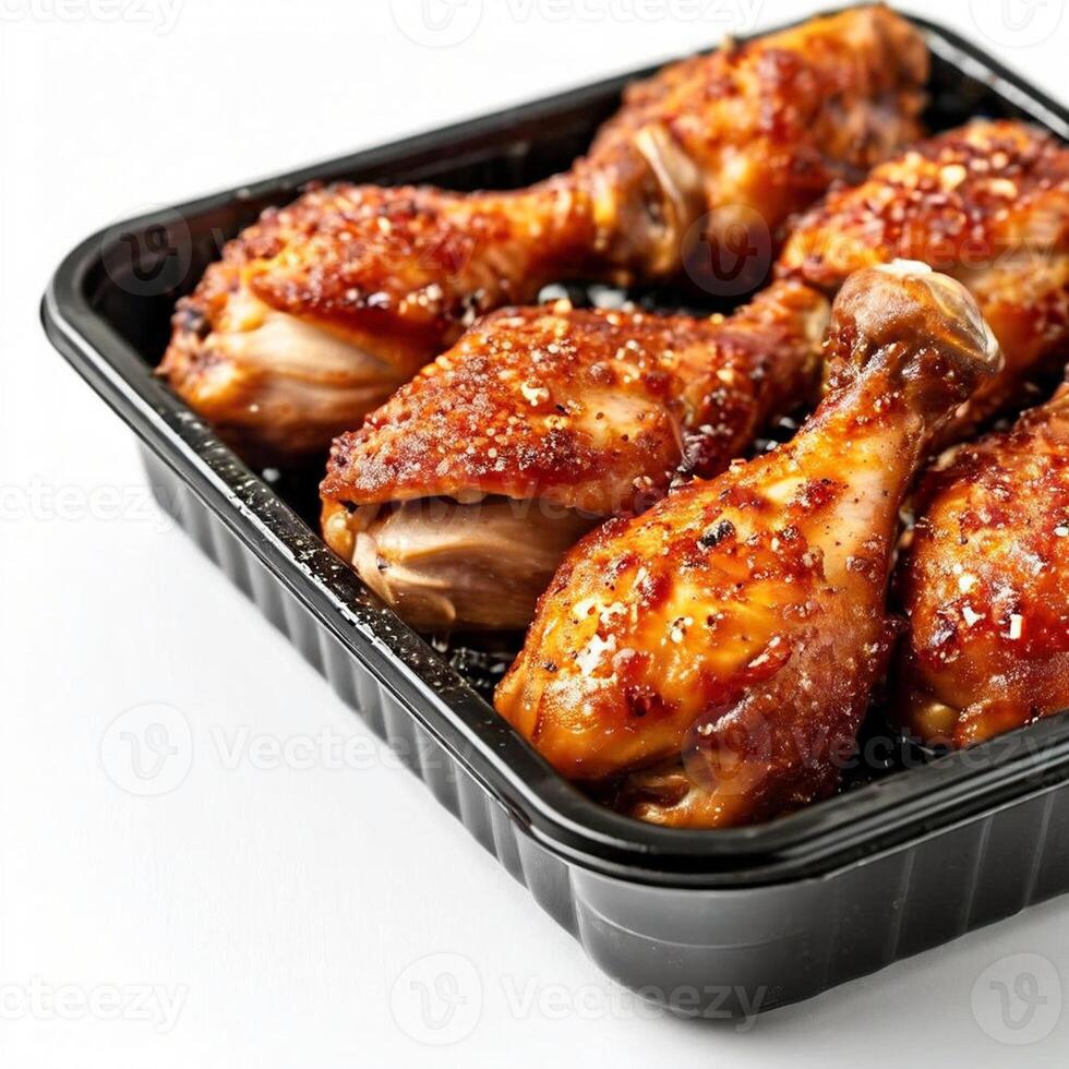 AI generated frozen chicken drumsticks in plastic container on white background photo