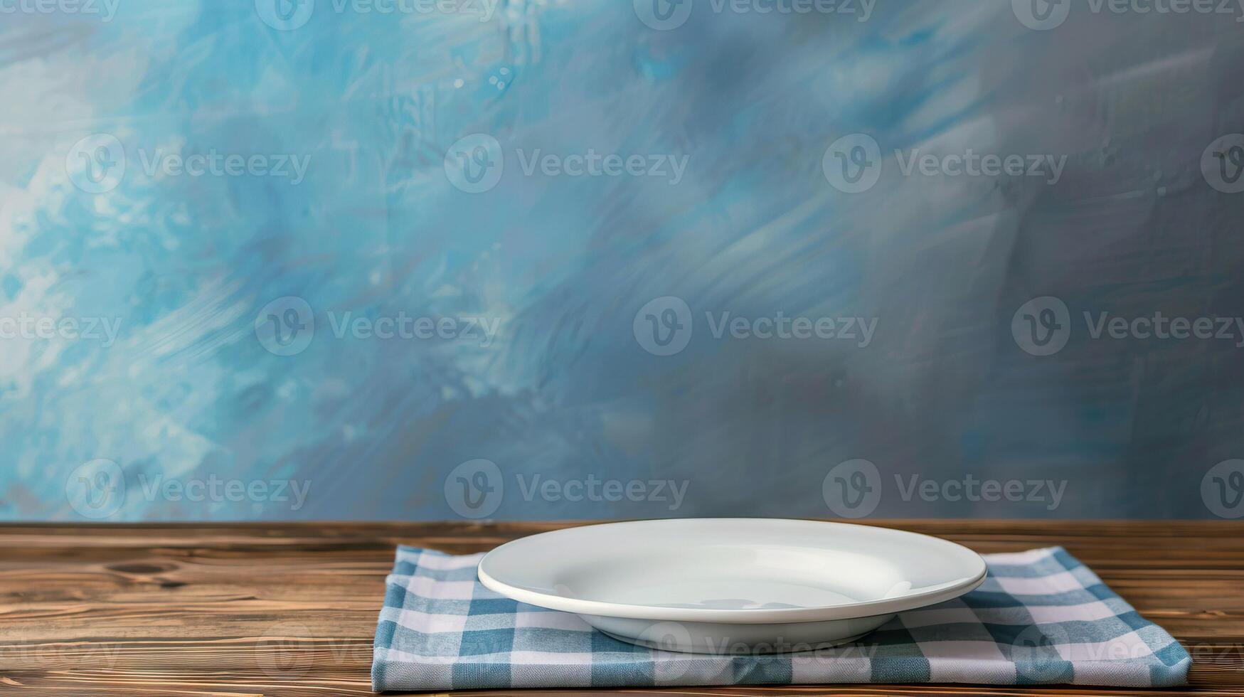 AI generated Empty plate on tablecloth on wooden table over grunge blue background photo