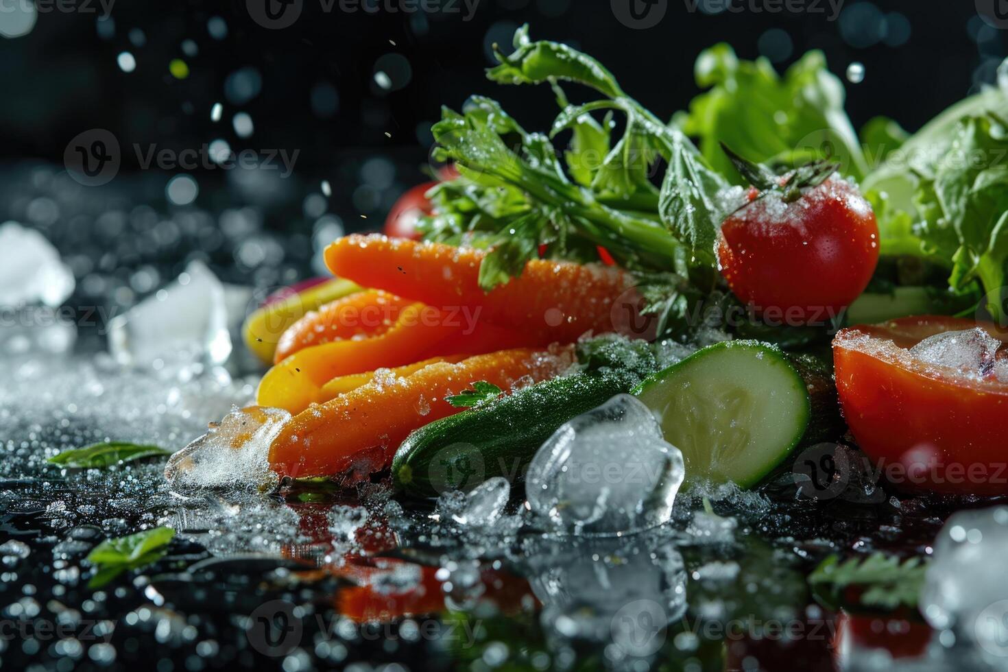 AI generated Frozen fresh cut vegetables on black background. photo