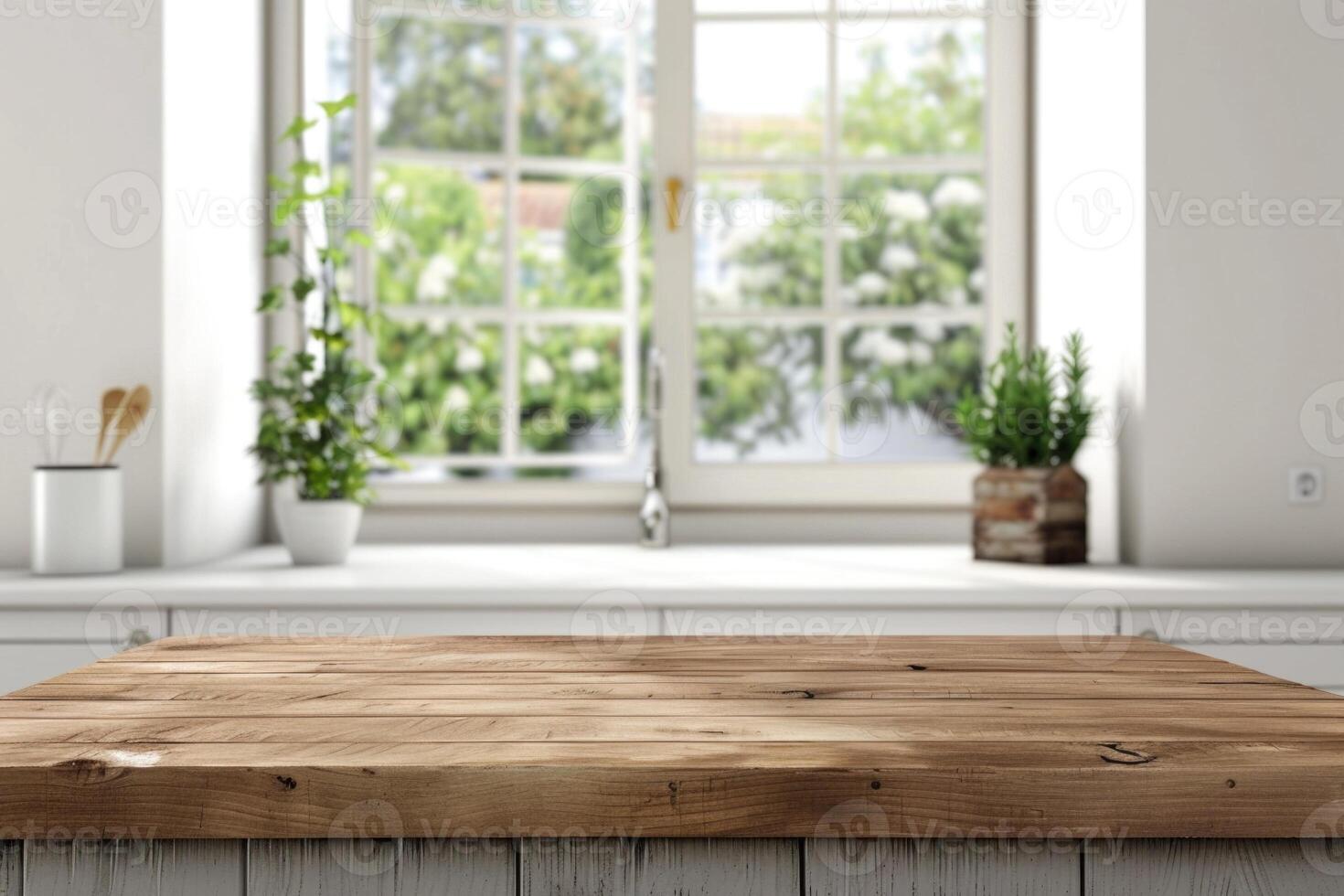 AI generated Wooden table on kitchen sink window background photo