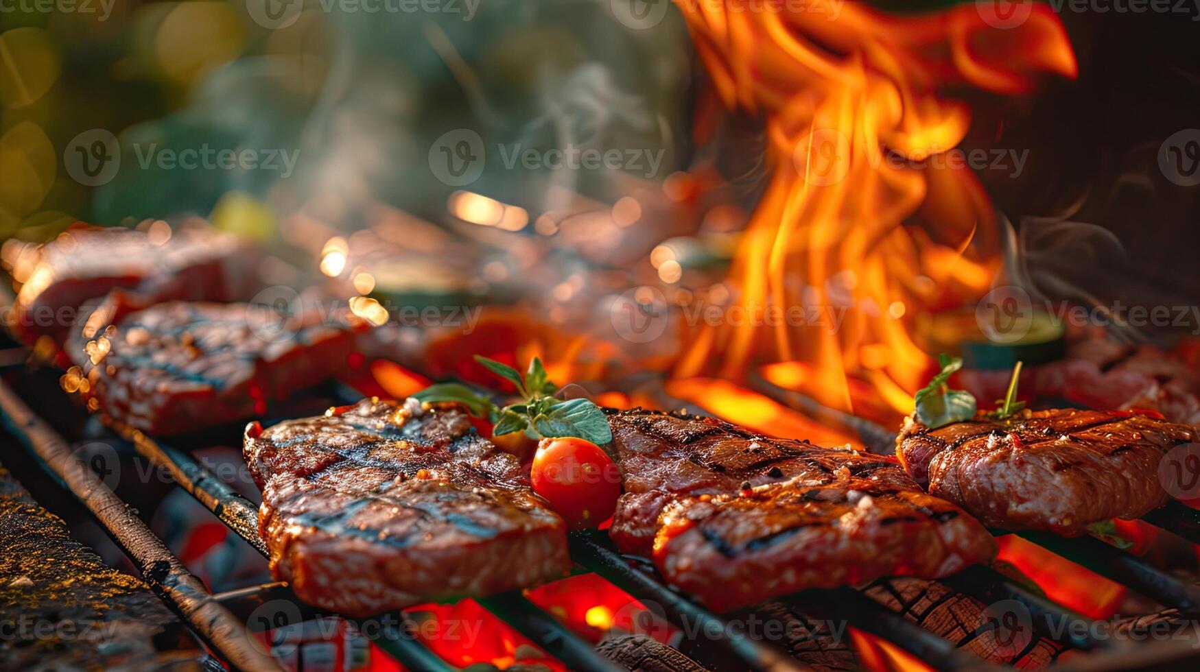 ai generado un al aire libre parilla parrilla como llamas danza alrededor suculento carnes y verduras, evocando el Agua en la boca aroma de A la parrilla manjares en el abierto aire. foto