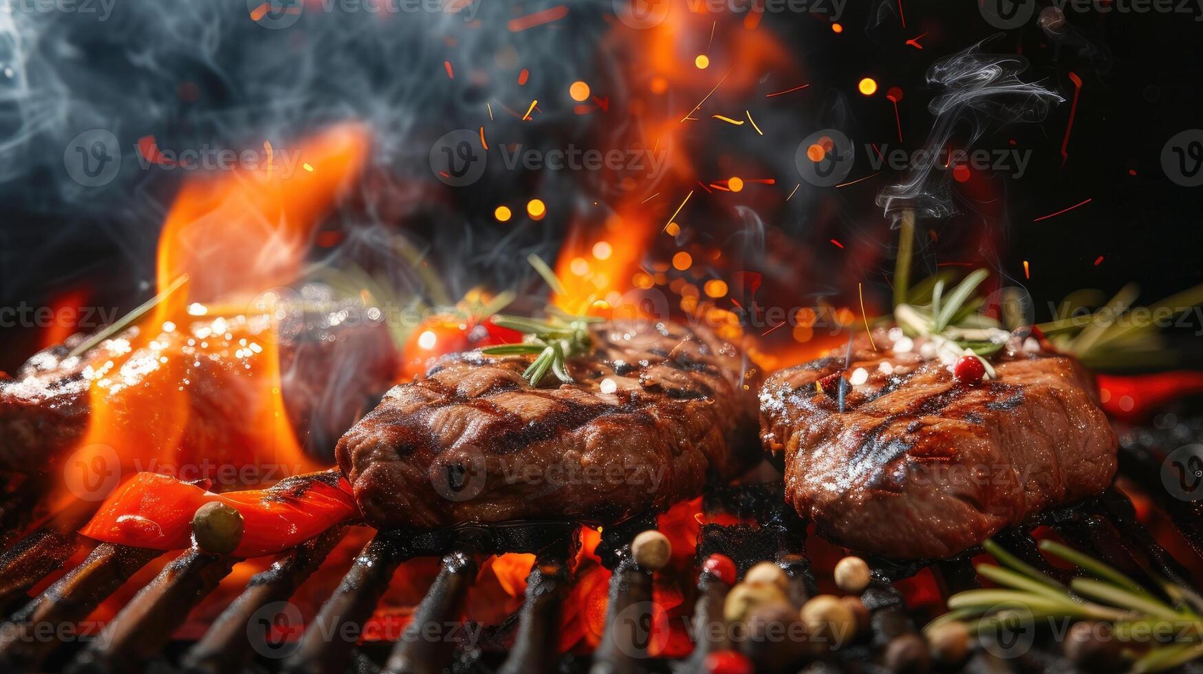 ai generado un al aire libre parilla parrilla como llamas danza alrededor suculento carnes y verduras, evocando el Agua en la boca aroma de A la parrilla manjares en el abierto aire. foto