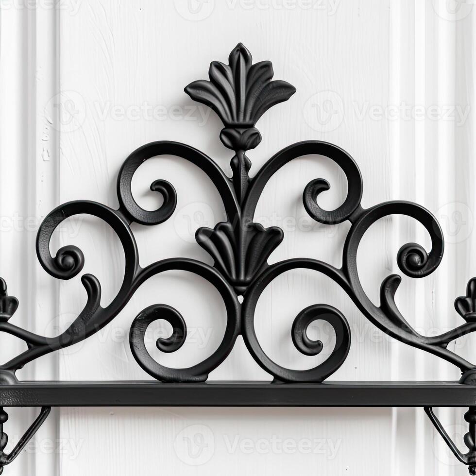 AI Generated a decorative black wrought iron flourish on a white background, a striking visual focal point, perfect for adding sophistication to any interior decor. SEAMLESS PATTERN. photo