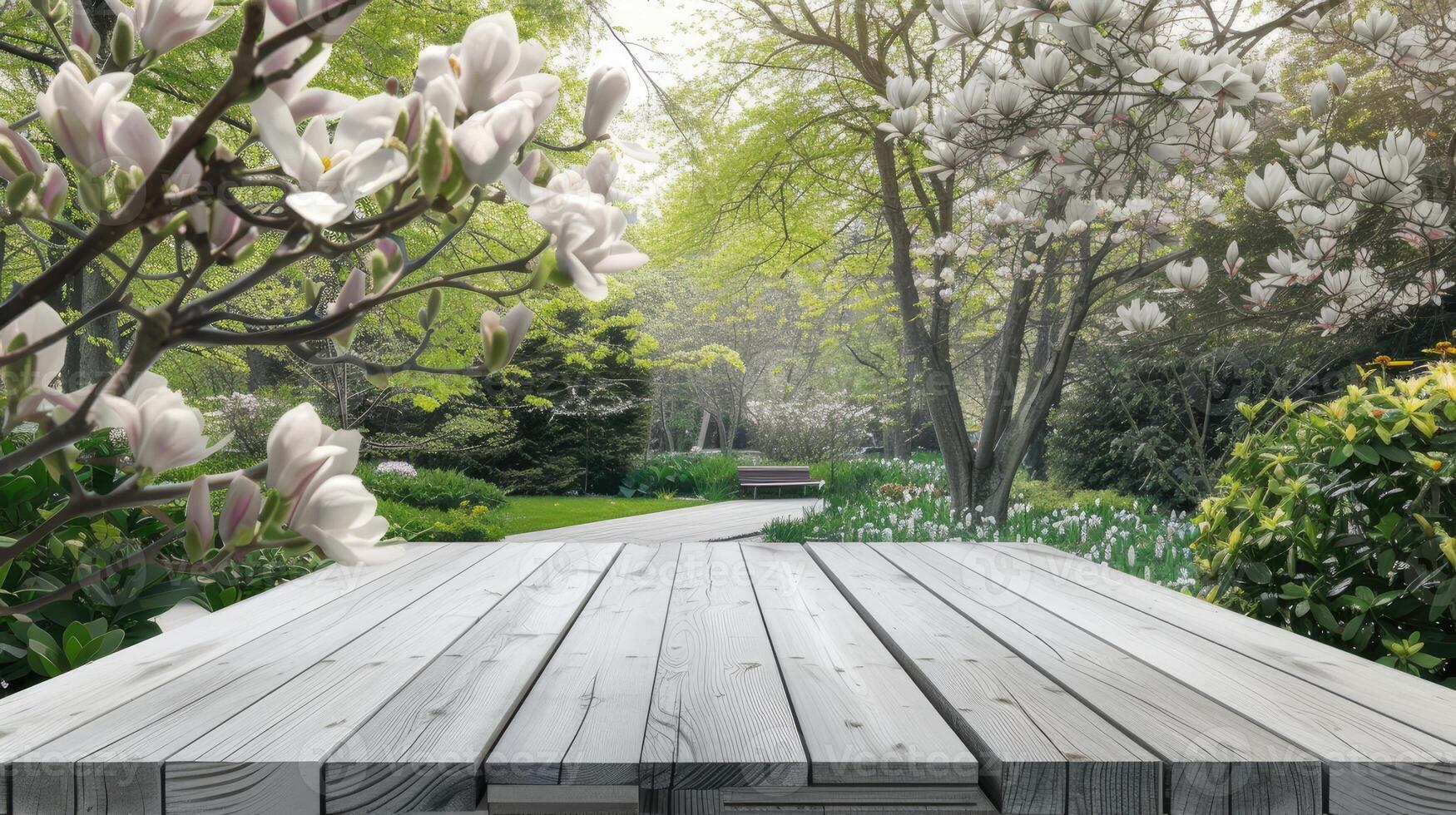 AI Generated an empty light grey wooden table set against the backdrop of a lush garden with a blooming magnolia tree, evoking a sense of tranquility and natural beauty. photo