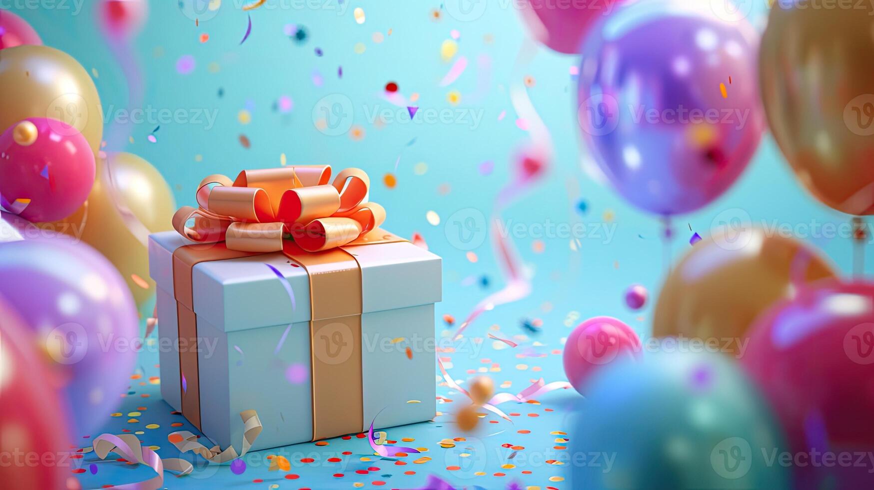 AI Generated a beautifully decorated gift box surrounded by colorful balloons, perfect for birthdays, Mother's Day, weddings, Valentine's Day, or any festive celebration, conveying joy photo