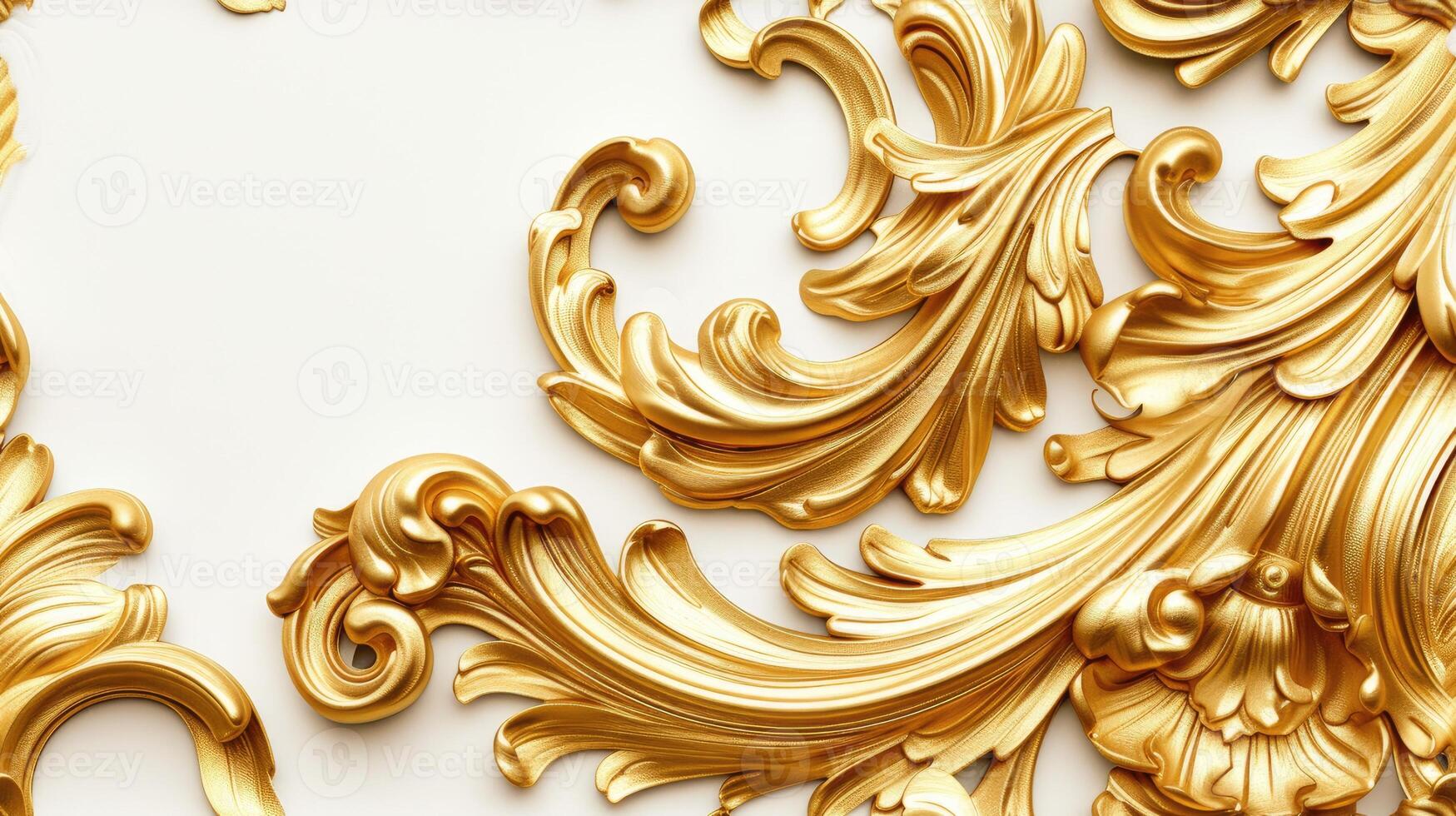 AI Generated a rich golden baroque ornament delicately engraved on a pristine white background, showcasing the intricate details and lavish curves of the design to evoke a sense of photo