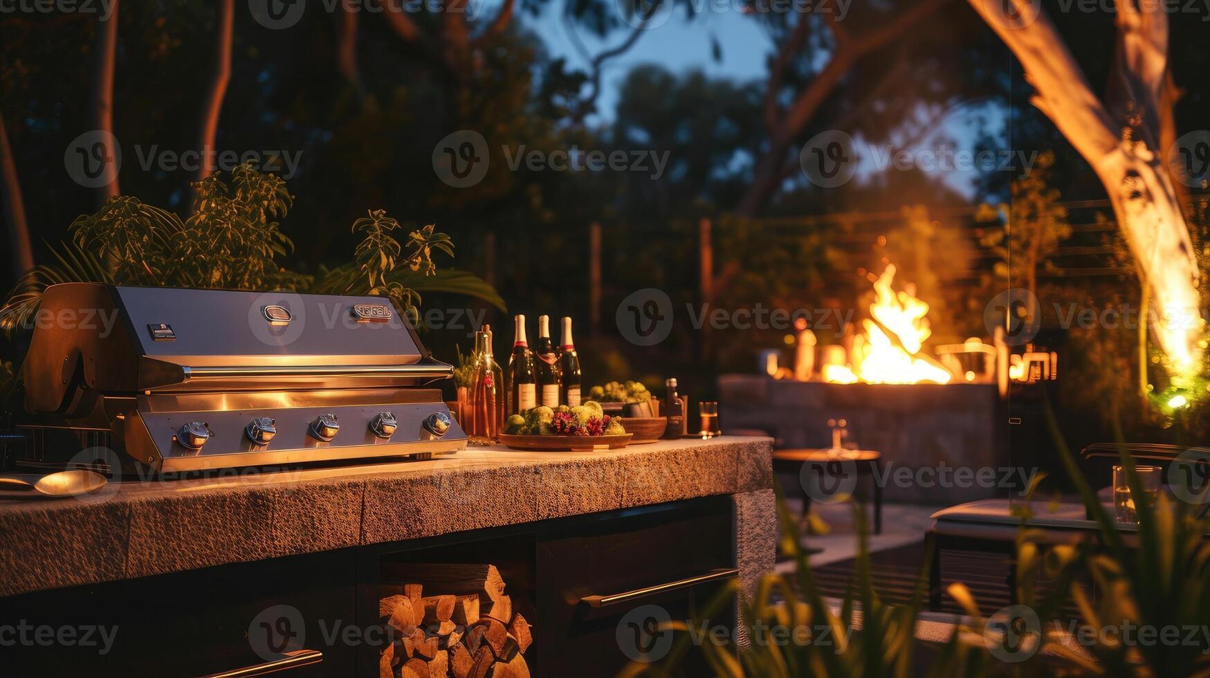 AI Generated an outdoor barbecue grill as flames dance around succulent meats and vegetables, evoking the mouthwatering aroma of grilled delicacies in the open air. photo