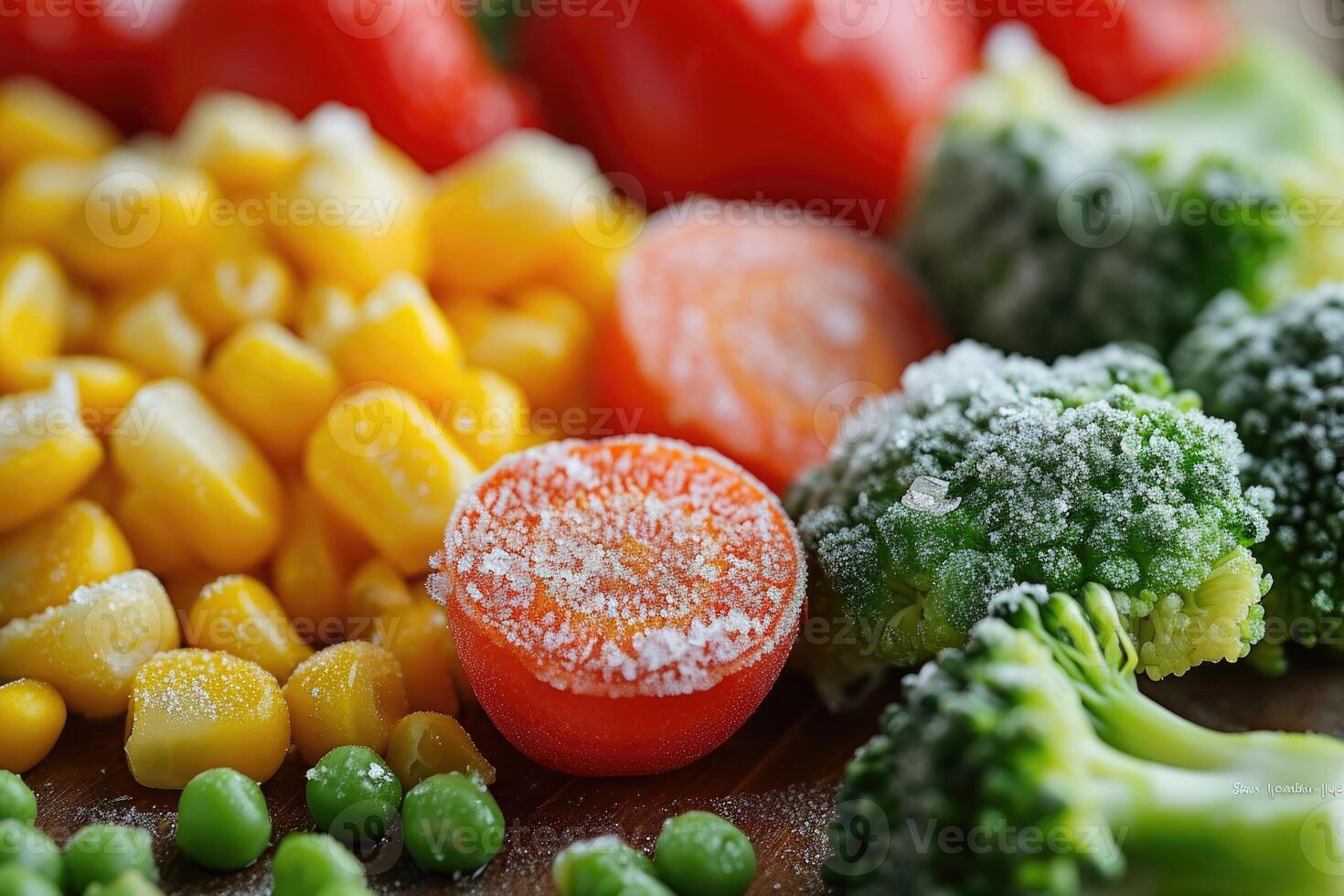 ai generado congelado vegetal opciones brócoli, Cereza Tomates, maíz, guisantes, zanahorias. foto