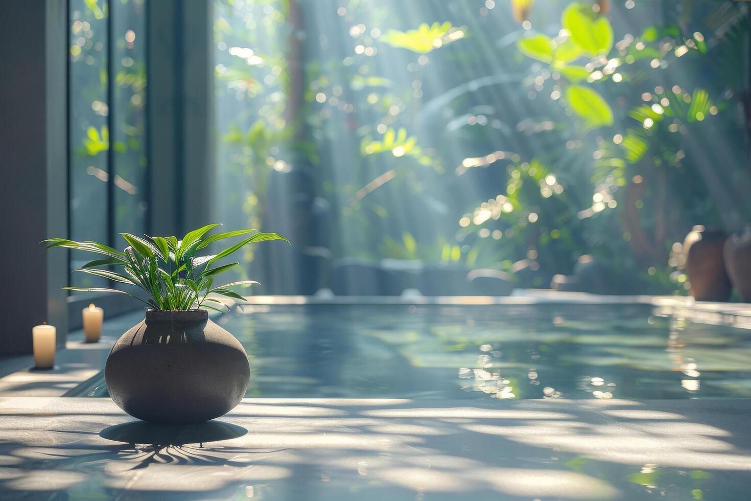 ai generado tranquilo spa piscina con planta y luz de sol foto