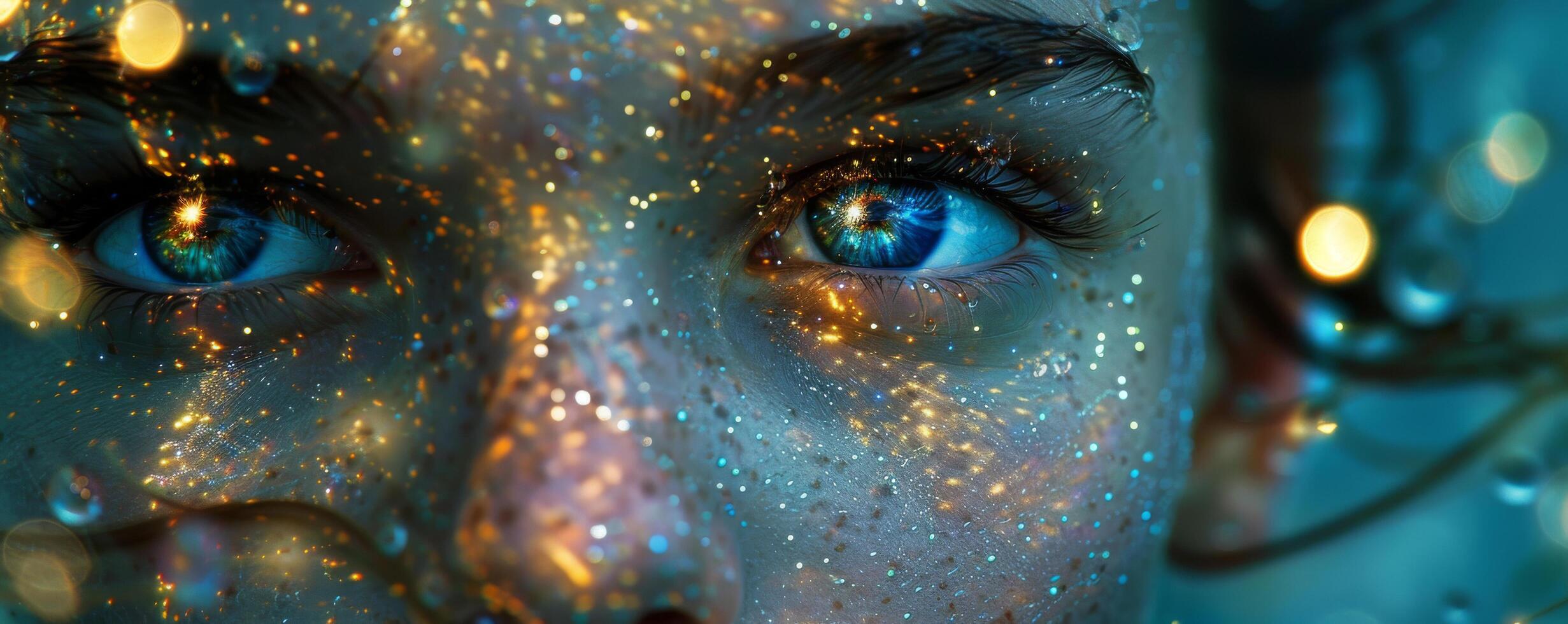 AI generated Close-up of woman's face with sparkling glitter makeup, creating a mystical and ethereal appearance photo