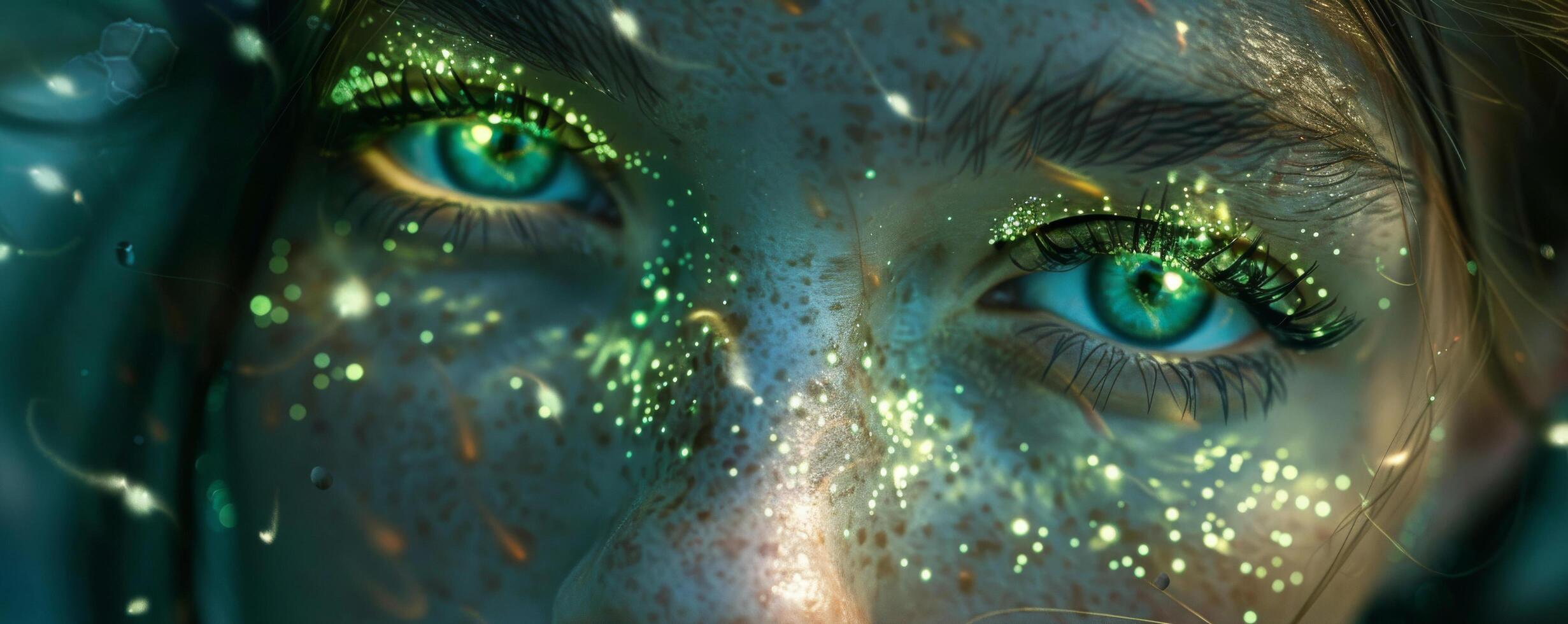 AI generated Close-up of woman's face with sparkling glitter makeup, creating a mystical and ethereal appearance photo