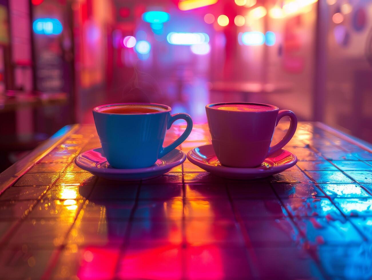 AI generated Two cups of coffee sit on a vibrant neon-lit table in a nostalgic retro diner setting photo