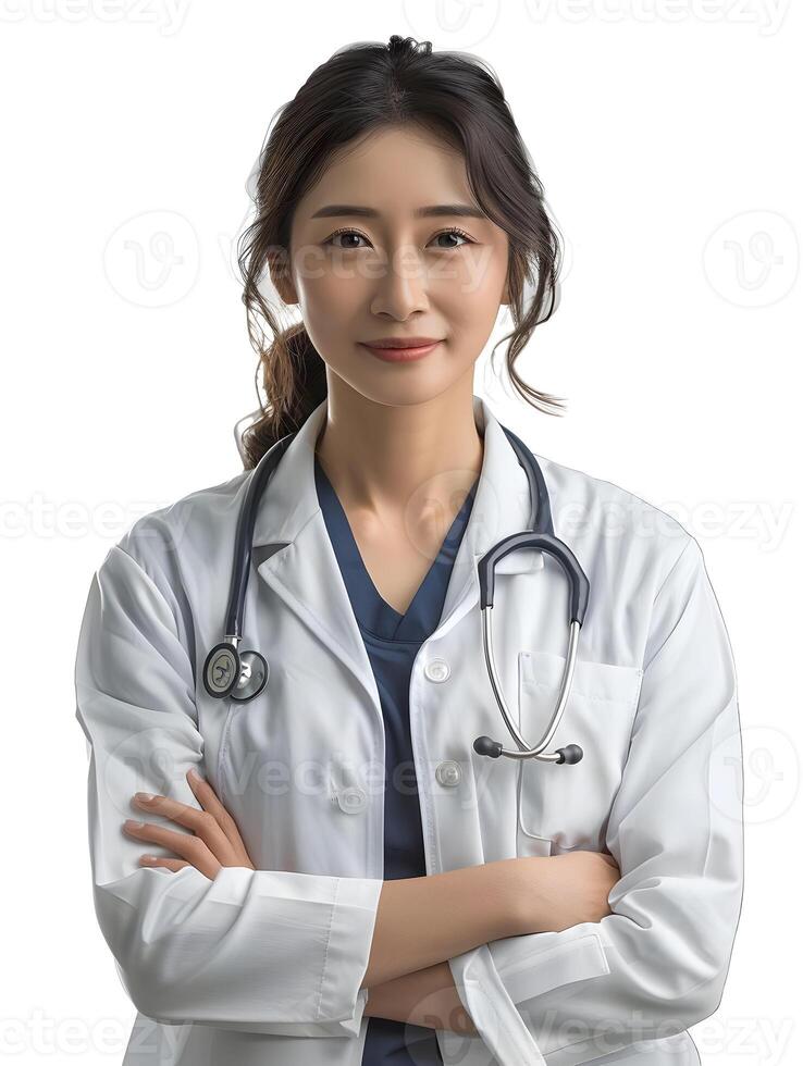 AI generated A stethoscope on a happy middle-aged Asian female doctor. High-resolution. AI Generative photo