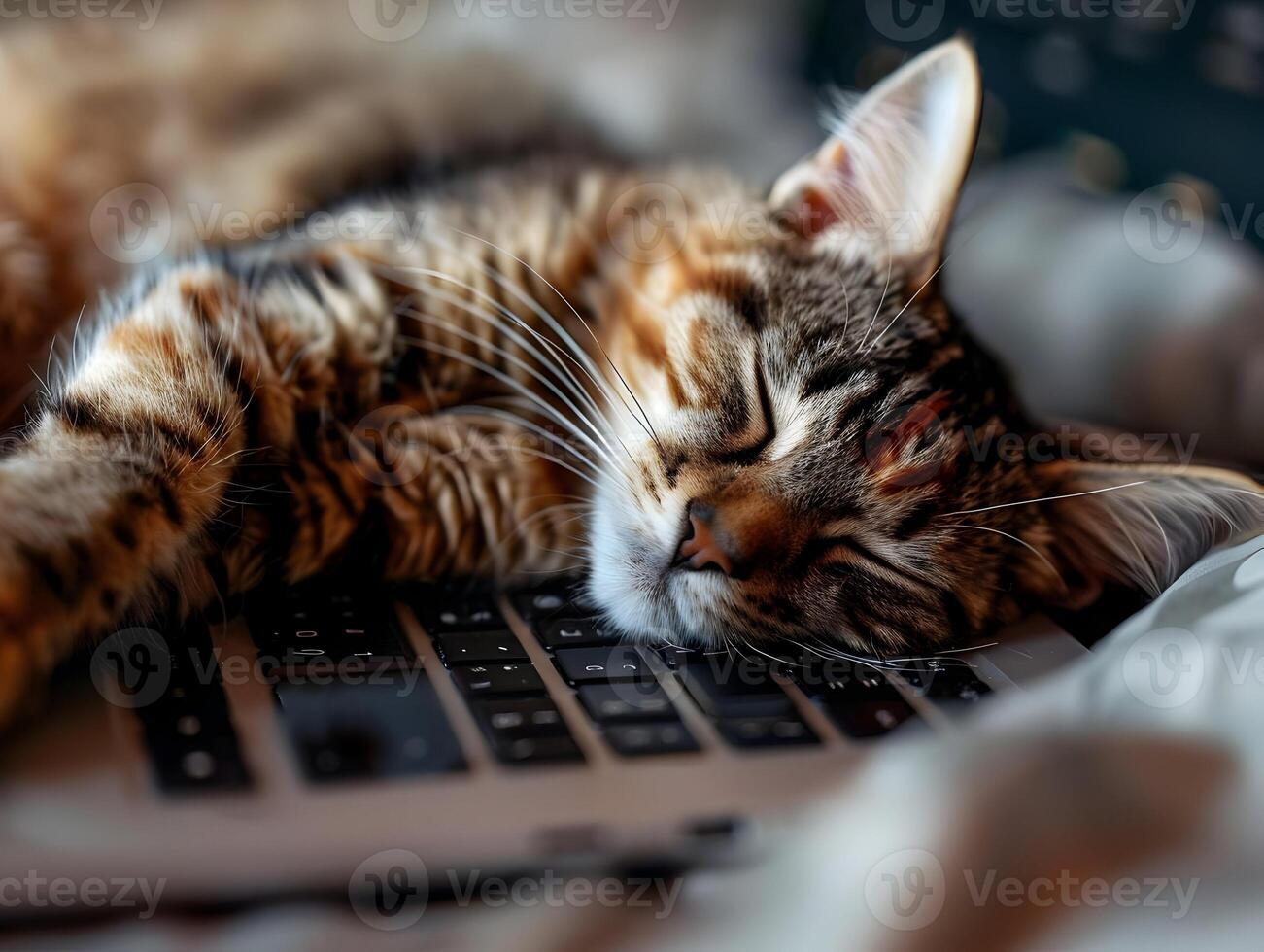AI generated Cat sleeping on the laptop keyboard. High quality. AI Generative photo