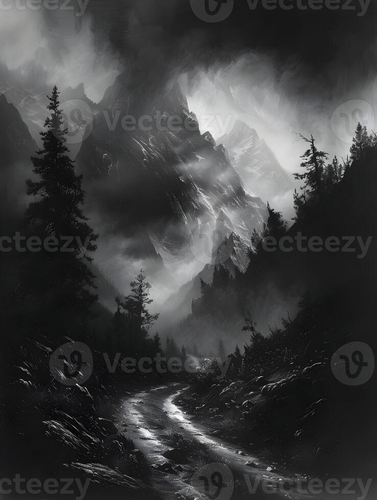AI generated Dark forest and mountain landscape wallpaper. High quality. AI Generative photo