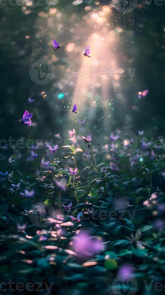 AI generated Purple butterflies fly on a background of green and purple plants. High-resolution. AI Generative photo