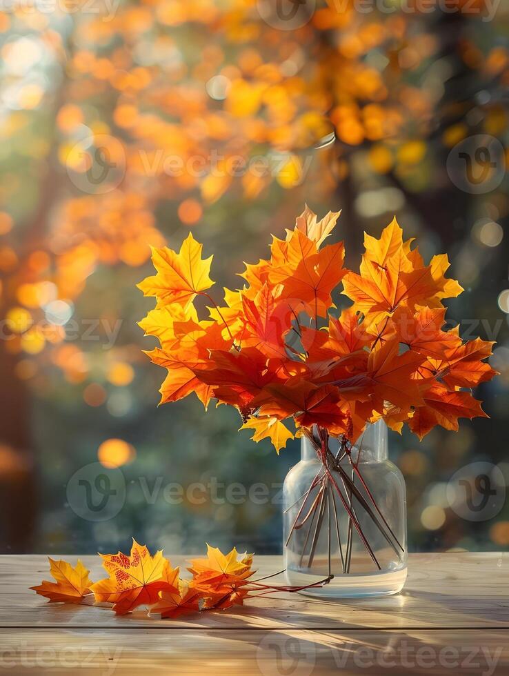 AI generated Bouquet of autumn leaves in a transparent vase. High quality. AI Generative photo