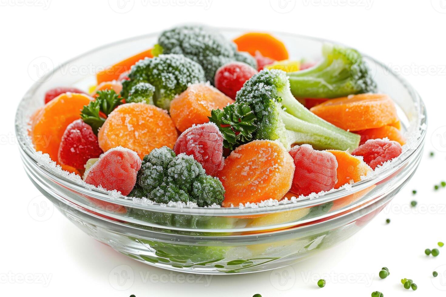 AI generated Frozen vegetables on glass plate, isolated. photo