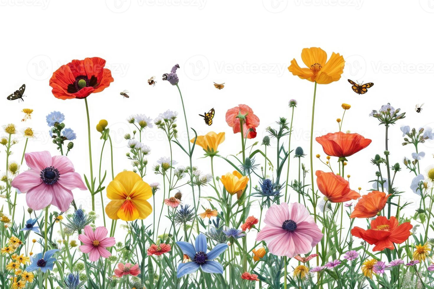 AI generated Colorful meadow and garden flowers with insects  isolated photo