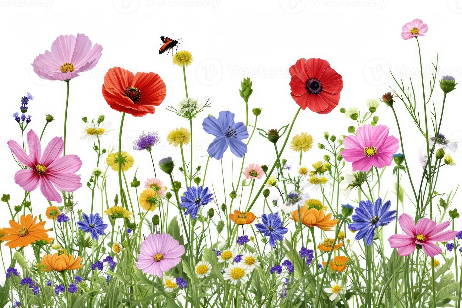 AI generated Colorful meadow and garden flowers with insects  isolated photo