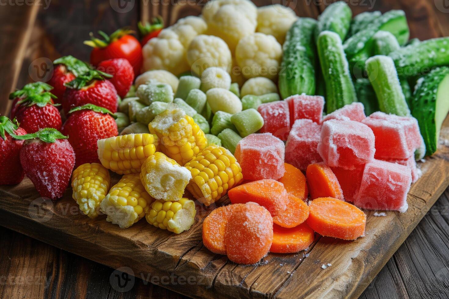 AI generated Frozen vegetables on wooden board photo