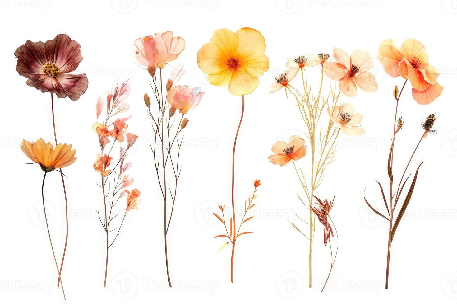 AI generated Set with beautiful decorative dry flowers on white background  banner design photo