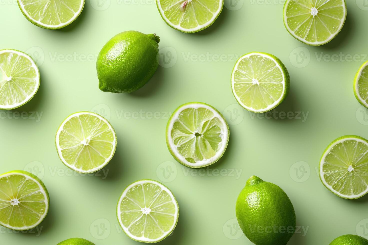 AI generated Colorful lime slices on green background  trendy summer pattern photo