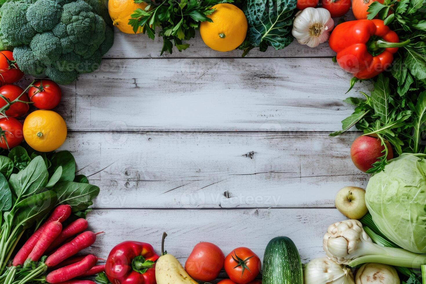 AI generated Fresh farmers market fruit and vegetable from above with copy space photo