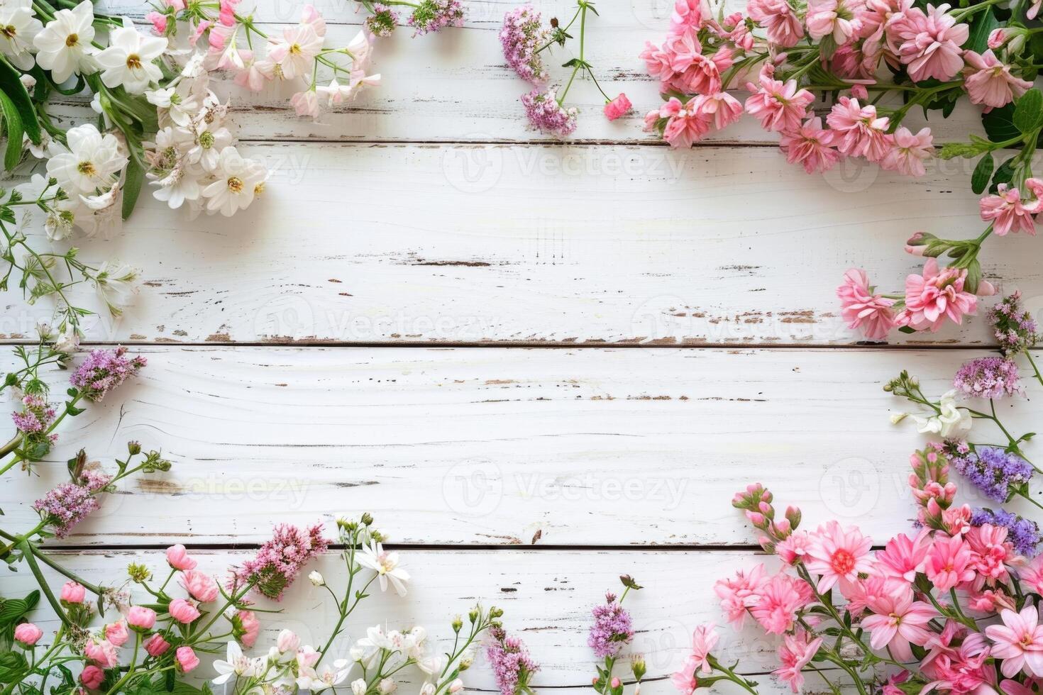 AI generated Flowers frame on white wooden background. Top view with copy space photo