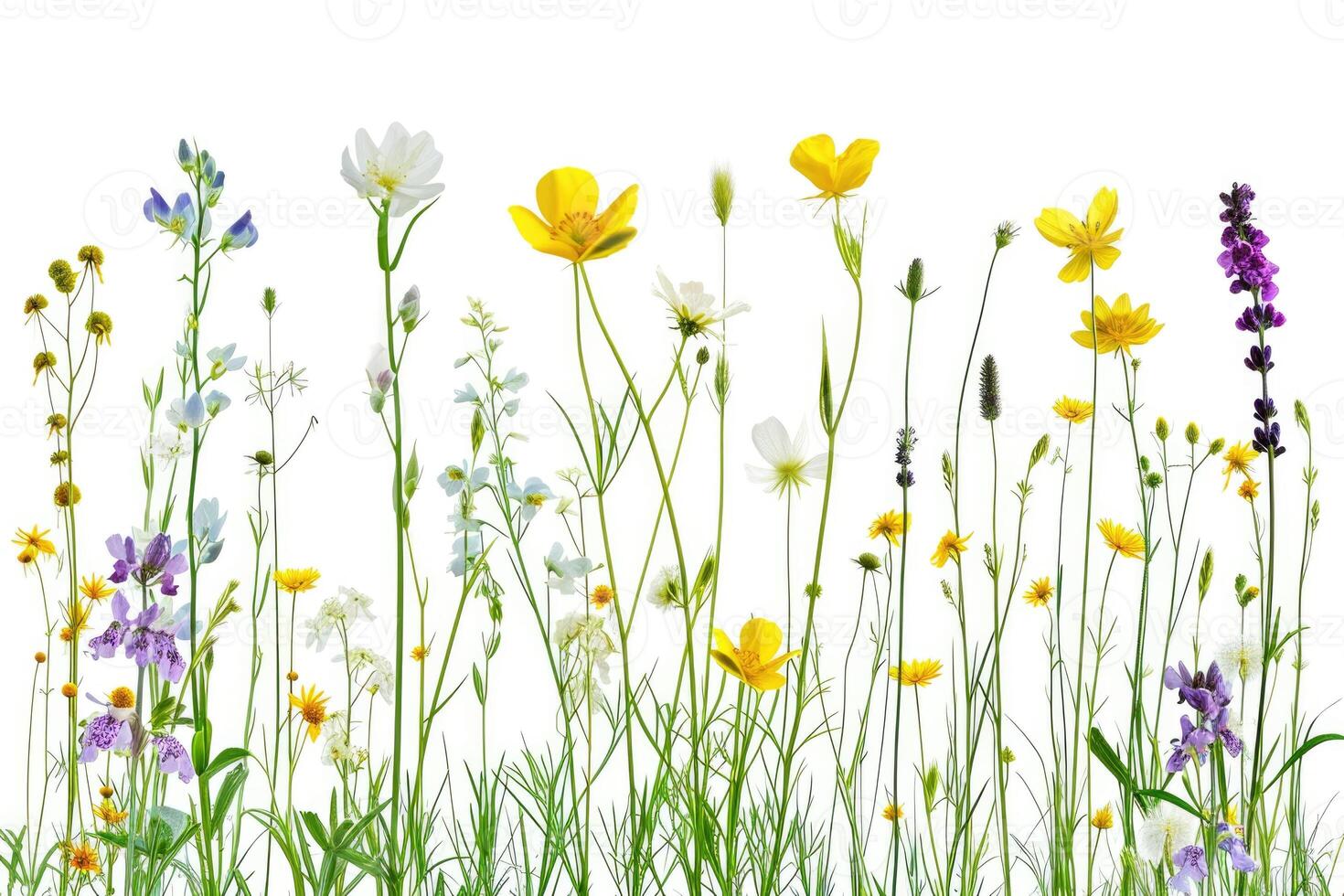 AI generated Various meadow grass stems with colorful flowers on white background. photo