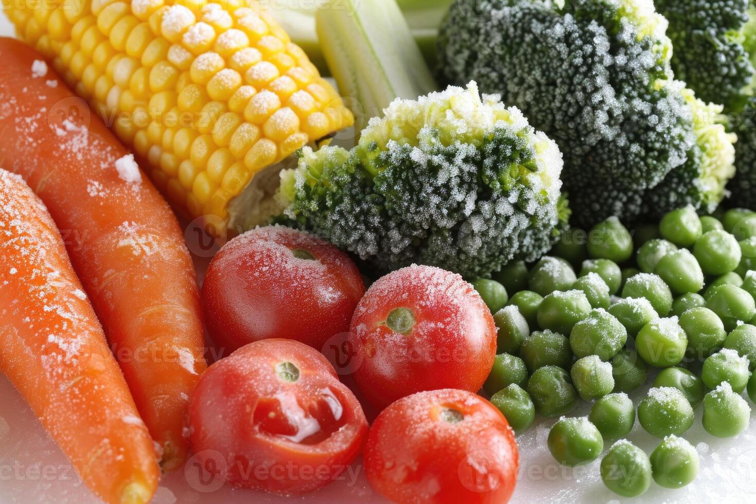 ai generado congelado vegetal opciones brócoli, Cereza Tomates, maíz, guisantes, zanahorias. foto