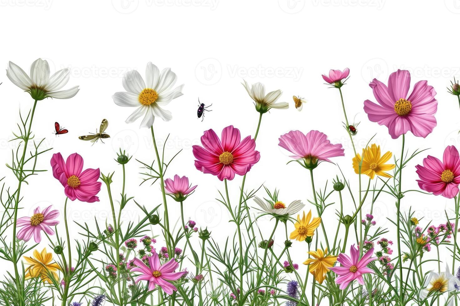 AI generated Colorful meadow and garden flowers with insects  isolated photo